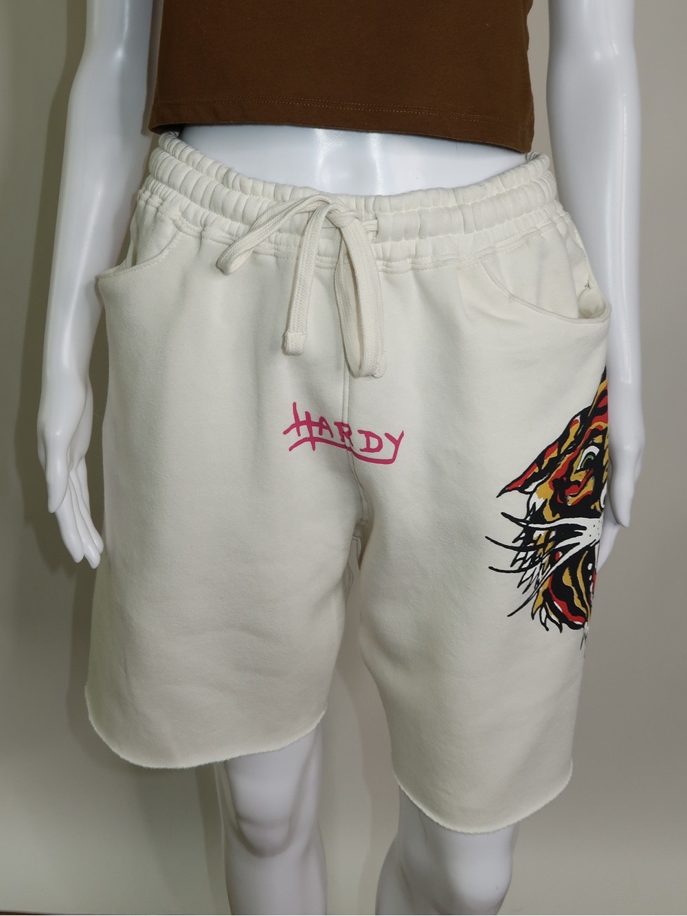 Ed Hardy Cream Men's Shorts with Tiger Graphic